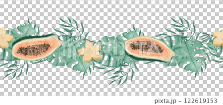 Seamless Watercolor Tropical Border with Exotic Fruits Carambola and Papaya, Green Foliage, Illustration for Design Print, Web, Textile, Scotch and other Products 122619153
