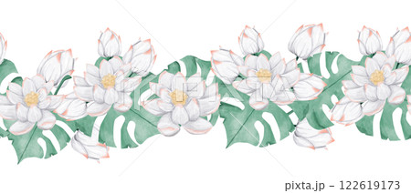 Seamless Watercolor Tropical Border with Lots of Flowers and Buds Plants Water Lily and Green Foliage, Illustration for Design Print, Web, Textile, Tape and other Products 122619173