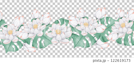 Seamless Watercolor Tropical Border with Lots of Flowers and Buds Plants Water Lily and Green Foliage, Illustration for Design Print, Web, Textile, Tape and other Products 122619173
