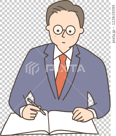 A man in a suit taking notes in a notebook A man in a suit taking notes in a notebook 122619395