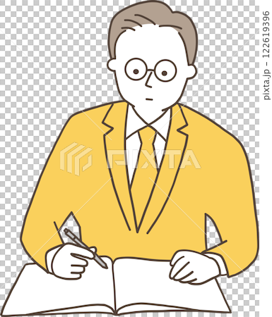 A man in a suit taking notes in a notebook 122619396