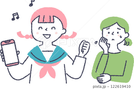 スマホを持って嬉しそうな子供と不安そうな母親 122619410