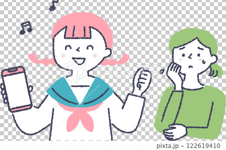 スマホを持って嬉しそうな子供と不安そうな母親 122619410