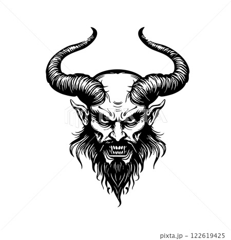 Menacing demon head vector illustration with curved horns, detailed beard, and fanged snarl in dramatic gothic style. 122619425