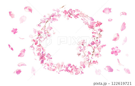水彩画。水彩タッチのの春の桜ベクターイラスト。桜の満開背景フレーム。 122619721