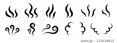 ゆらゆらと揺れる湯気や蒸気のイラスト。暖かい料理の熱や匂い、香りの漫画エフェクトアイコン。炎の揺らぎ 122619815