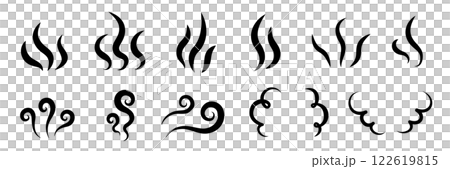 ゆらゆらと揺れる湯気や蒸気のイラスト。暖かい料理の熱や匂い、香りの漫画エフェクトアイコン。炎の揺らぎ 122619815