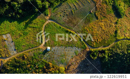 Aerial view of a countryside road through green forest and mountain in the evening. Aerial view of a countryside road through green forest and mountain in the evening. 122619951