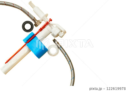 Plumbing gear. Flexible metal steel faucet hoses, flush siphon fittings 122619978