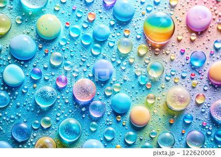 Tranquility joy contemplation. Surreal colored blue pink drops of water  122620005