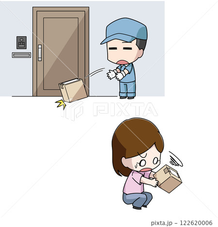 置き配の荷物を乱暴に扱う配達員と驚く女性のイラスト 122620006