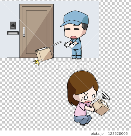 Illustration of a delivery man roughly handling a package and a surprised woman 122620006