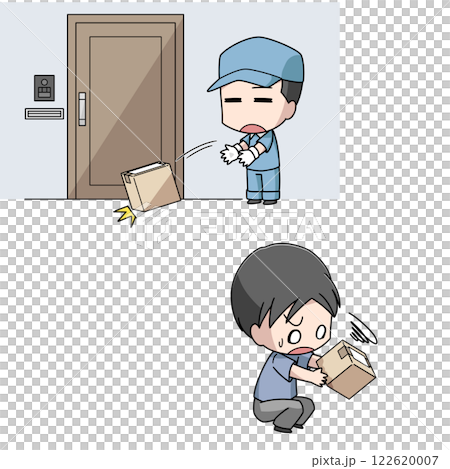 Illustration of a delivery man roughly handling a package and a surprised man 122620007