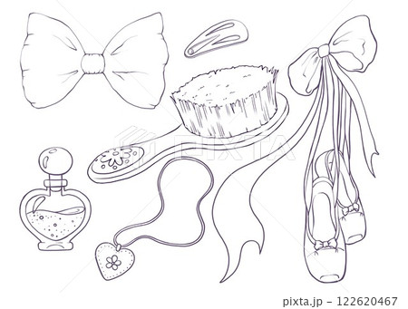 Vintage female accessories. Line illustration of wooden hair brush, bow, perfume vial, hair clip, medallion and ballet shoes. Linear sign for coloring book or logo. Girly tools for creating hairstyle. 122620467