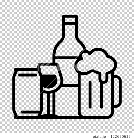 お酒のアイコン。ビール、ワイン、缶に入ったのお酒があります。 122620635