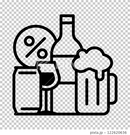 酒税のイメージアイコン。ビール、ワイン、缶に入ったのお酒とパーセントがあります。 122620636