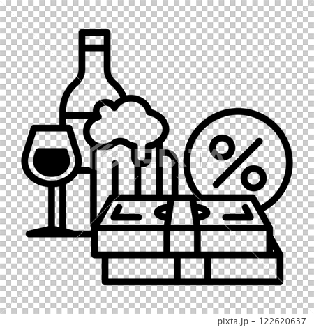 Liquor tax image icon. There are beer, wine, canned alcohol, percentages, and bills. 122620637