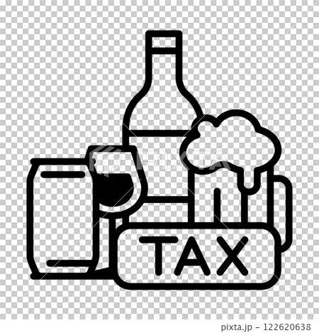 酒税のイメージアイコン。ビール、ワイン、缶に入ったのお酒があります。 122620638