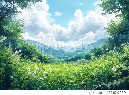 緑豊かな風景の水彩イラスト 緑豊かな風景の水彩イラスト 122620659