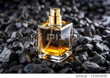 A bottle spray of golden perfume on black coal A bottle spray of golden perfume on black coal 122620885