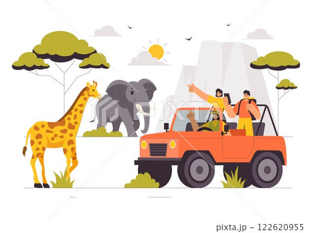 Visitors Explore the Wildlife Safari Illustration Featuring People Enjoying a Zoo Visit with Giraffes, Elephants, and Other Animals in a Background 122620955