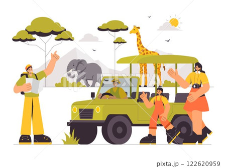 Visitors Explore the Wildlife Safari Illustration Featuring People Enjoying a Zoo Visit with Giraffes, Elephants, and Other Animals in a Background Visitors Explore the Wildlife Safari Illustration Featuring People Enjoying a Zoo Visit with Giraffes, Elephants, and Other Animals in a Background 122620959