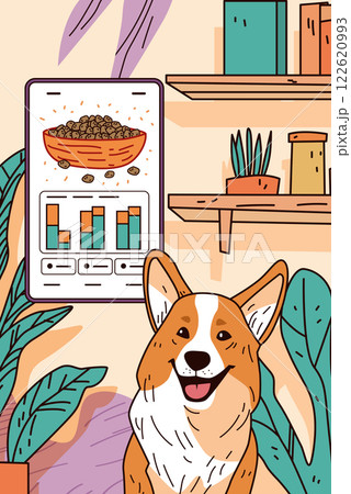Corgi dog with food bowl and charts surrounded by plants and shelves in a cozy room setting. Bright colors and playful design Corgi dog with food bowl and charts surrounded by plants and shelves in a cozy room setting. Bright colors and playful design 122620993