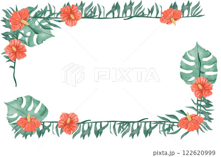 Watercolor Tropical Floral Frame with Red Hibiscus and Lush Exotic Foliage for Print, Textile and Web Design 122620999