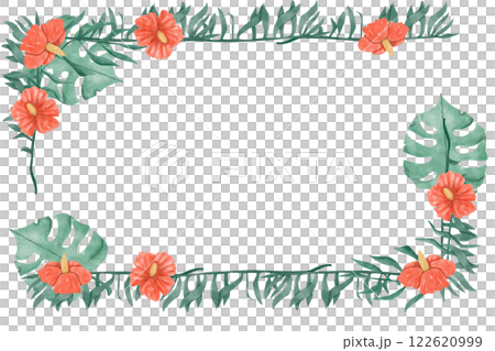 Watercolor Tropical Floral Frame with Red Hibiscus and Lush Exotic Foliage for Print, Textile and Web Design 122620999