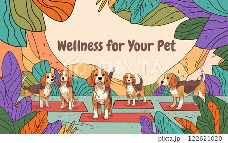 Beagle dogs wellness theme colorful nature background with dogs on mats surrounded by abstract leaves in vibrant colors ideal for pet care website banner 122621020