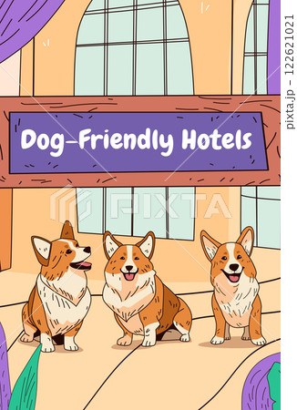Corgis in dog-friendly hotel lobby with large windows and plants. Three happy dogs sitting indoors. Cartoon style. Landing page design 122621021