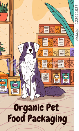 Dog in pet store with food packaging shelves plants colorful design 122621027