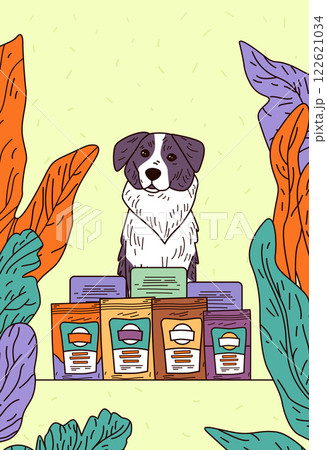 Dog with pet food packages surrounded by colorful leaves on a light background. Bright colors and playful design. Perfect for pet-related content 122621034