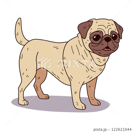 Cute pug dog standing cartoon style. Adorable pet with expressive eyes and wrinkled face on white background. Perfect for pet-themed designs and products Cute pug dog standing cartoon style. Adorable pet with expressive eyes and wrinkled face on white background. Perfect for pet-themed designs and products 122621044