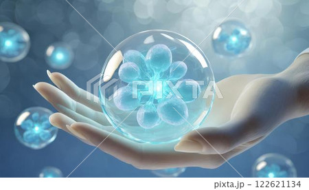 手の上で輝く幹細胞、卵子のイメージの3D CGイラスト 医療系素材 手の上で輝く幹細胞、卵子のイメージの3D CGイラスト 医療系素材 122621134