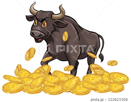 Bull with Bitcoin Coins Illustration 122621508