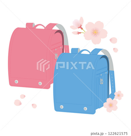 ピンクと水色のランドセル／桜の花／入学式・卒業式／ベクターイラスト 122621575