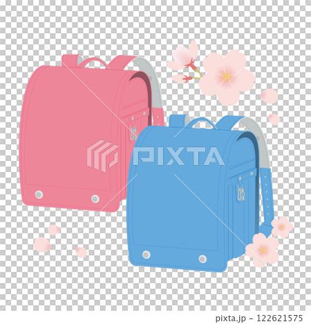 ピンクと水色のランドセル／桜の花／入学式・卒業式／ベクターイラスト 122621575
