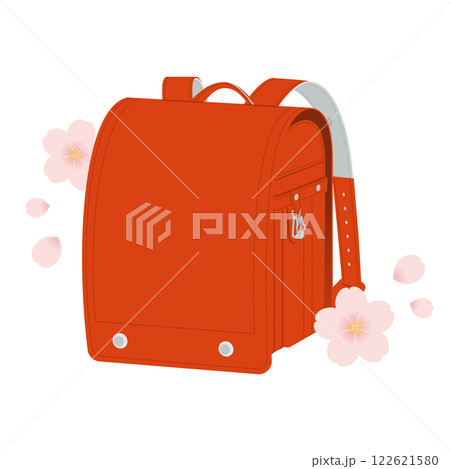 赤い定番のランドセル／桜の花／入学式・卒業式／ベクターイラスト 122621580