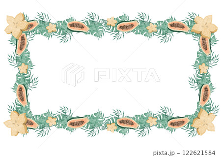 Watercolor Illustration Tropical Floral Frame with Papaya, Star Fruit and Large Exotic Foliage for Print, Textile and Web Design Watercolor Illustration Tropical Floral Frame with Papaya, Star Fruit and Large Exotic Foliage for Print, Textile and Web Design 122621584