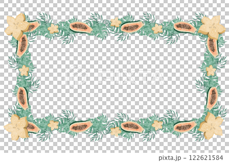 Watercolor Illustration Tropical Floral Frame with Papaya, Star Fruit and Large Exotic Foliage for Print, Textile and Web Design Watercolor Illustration Tropical Floral Frame with Papaya, Star Fruit and Large Exotic Foliage for Print, Textile and Web Design 122621584