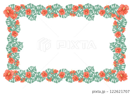 Watercolor Illustration Tropical Floral Frame with Red Hibiscus Flower Heads and Large Exotic Foliage for Print, Textile and Web Design 122621707
