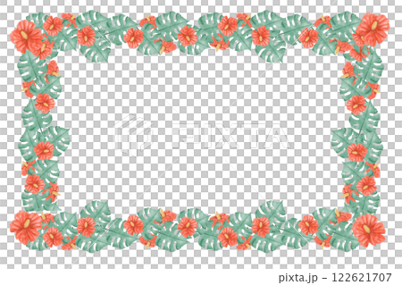 Watercolor Illustration Tropical Floral Frame with Red Hibiscus Flower Heads and Large Exotic Foliage for Print, Textile and Web Design 122621707