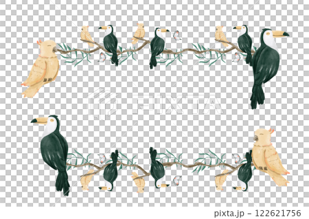 Watercolor Illustration Tropical Frame with Birds Toucan and Parrot, Branches and Foliage for Print, Textile and Web Design 122621756