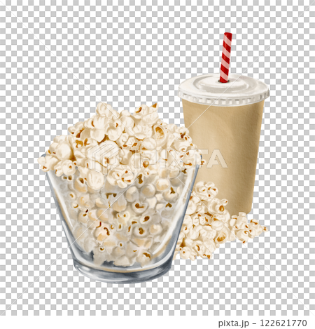 Popcorn in a large glass bowl. Lots of snacks. Popcorn spilled out of the bowl. Glass with a drink. Disposable tableware. plastic lid for a glass and a straw.Watercolor illustration without background 122621770
