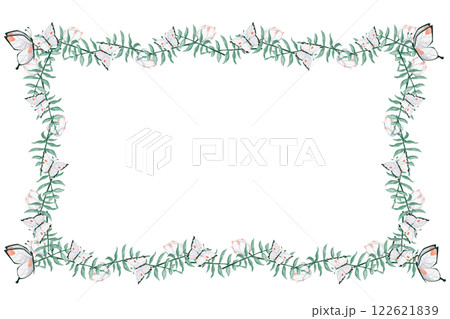 Watercolor Illustration Tropical Frame with White Butterflies and Flower Buds, Delicate Elegant Foliage for Print, Textile and Web Design 122621839