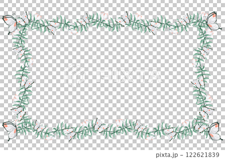 Watercolor Illustration Tropical Frame with White Butterflies and Flower Buds, Delicate Elegant Foliage for Print, Textile and Web Design 122621839