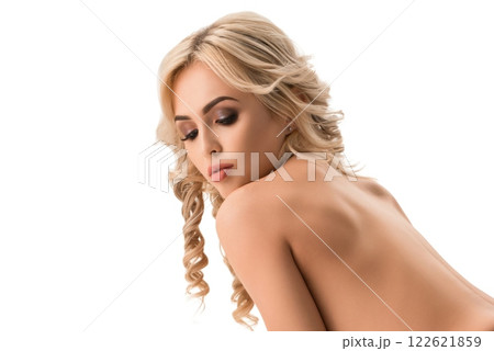 Blonde topless staying on her knees shot 122621859