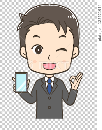 Upper body illustration of a businessman showing a smartphone screen and making an OK pose 122621954