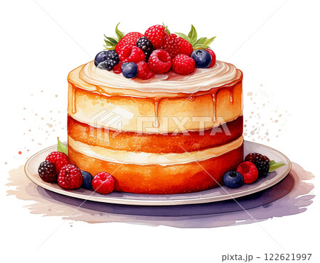 フルーツが乗ったケーキの水彩イラスト 生成AI 122621997
